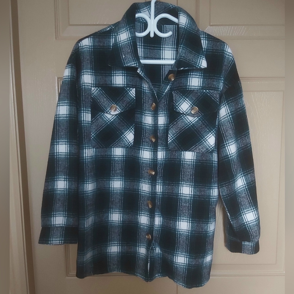SHEIN Teal, Black and White Plaid Shirt Jacket